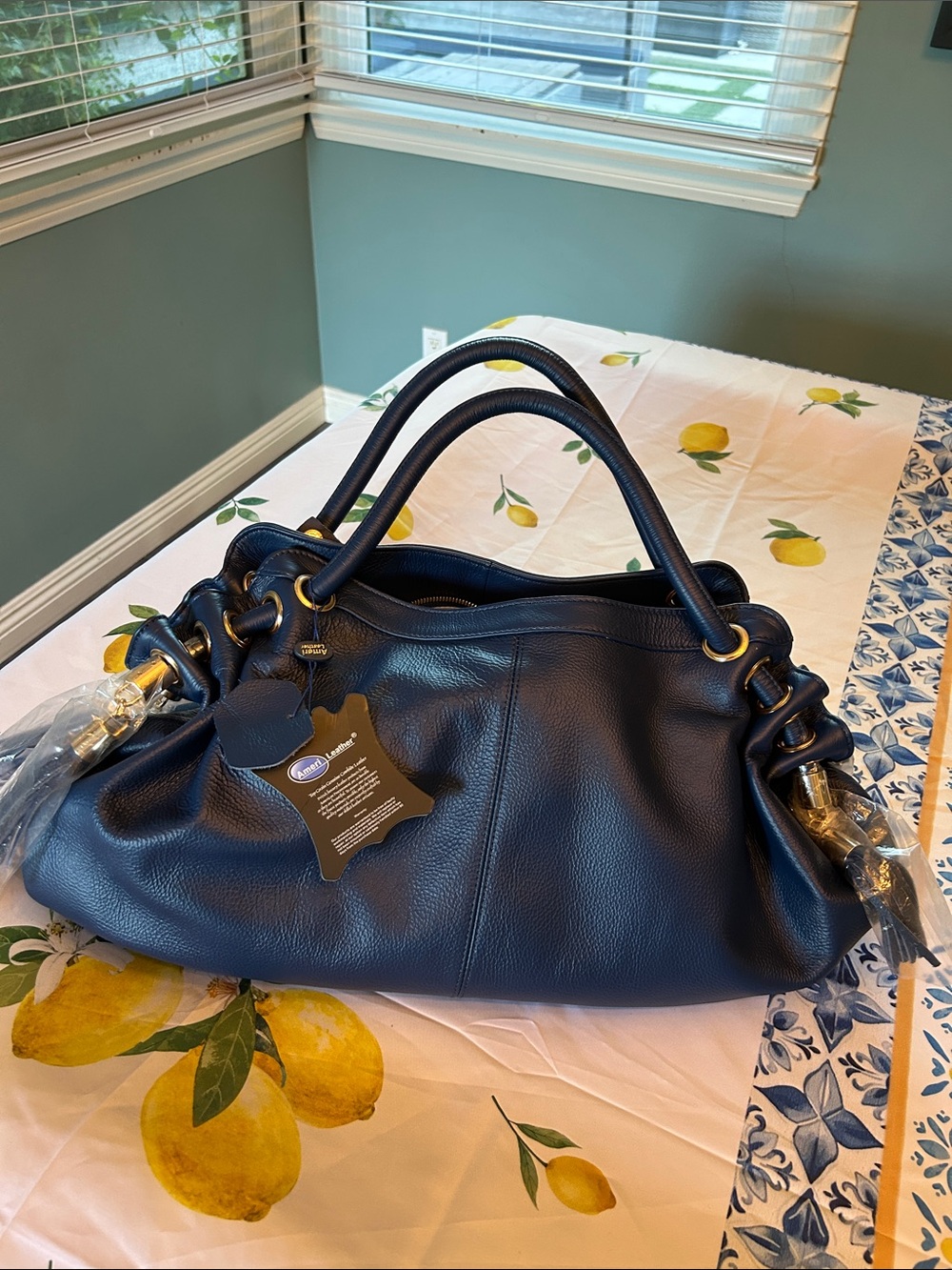 New large Classic Navy Pebbled Leather Shoulder Bag with Tassels